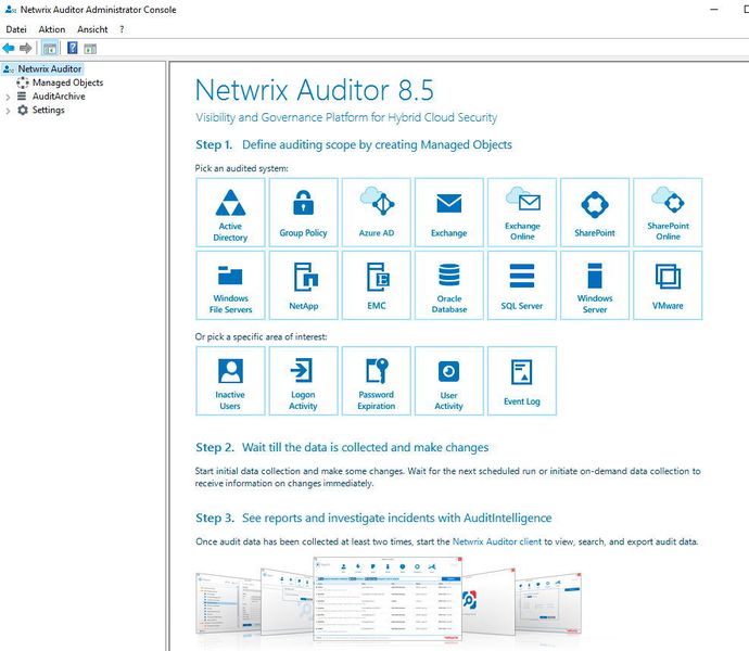 Nachdem Netwrix Auditor installiert wurde, lassen sich über die Netwirx Auditor Administrator Console die verschiedenen Bereiche in Active Directory und anderen Microsoft- sowie VMware-Umgebungen überwachen. In diesem zentralen Fenster wird das zu überwachende Objekt ausgewählt. (Thomas Joos)
