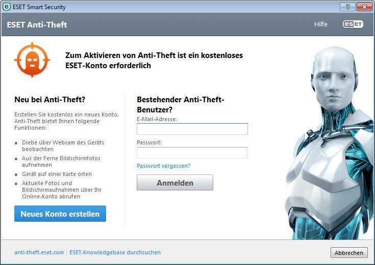 Ein Highlight von ESET Smart Security 7 ist die integrierte Diebstahlsicherung Anti-Theft. Sie setzt allerdings voraus, dass man zunächst ein ESET-Konto einrichtet, denn nur so kann der gestohlene Computer nach Verlust weiterkommunizieren. (Bild: VBM)
