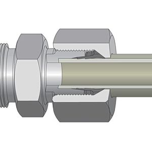 Schematische Darstellung einer Schneidring-Verschraubung in festgezogene Position; Schneidring schwarz.(Bild:  Härterei Gerster)