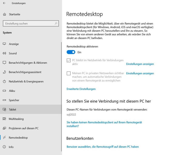 Konfigurieren des Remotedesktops in der Einstellungsapp von Windows 10/11 und Windows Server 2022. (Bild: Joos / Microsoft)