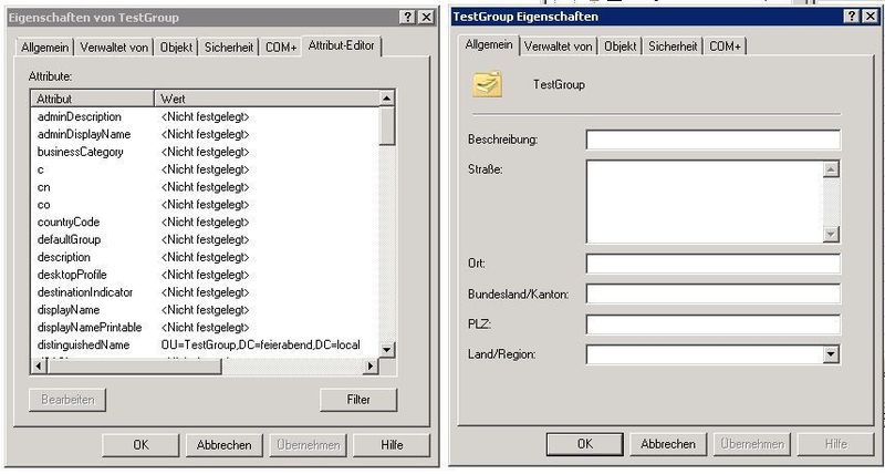 Abbildung 5: Ein weiterer Vergleich von Microsoft Active Directory-Benutzer und -Computer 2008R2 mit Hyena 8.8: Beide Programme bieten die gleichen Objekteigenschaften. Der in Hyena 8 fehlende Reiter „Attribut-Editior“ ist gesondert verfügbar. (Archiv: Vogel Business Media)