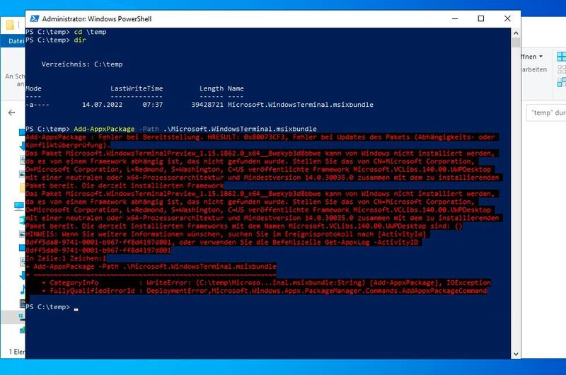 Bei der Installation des Windows-Terminals auf Servern erscheinen unter Umständen Fehlermeldungen wegen fehlender Abhängigkeiten. (Bild: Joos / Microsoft)