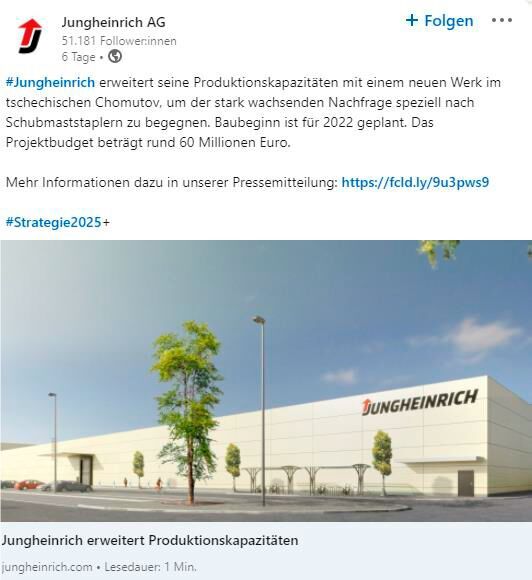 Gut sind immer Verlinkungen im Posting-Text auf die eigene Webseite, wie die Jungheinrich AG zeigt.