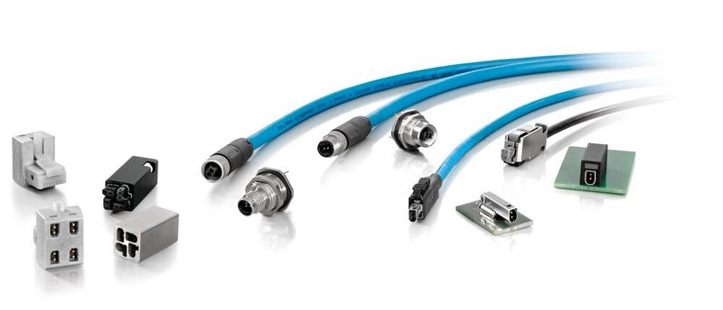 Bild 1: Das SPE-Portfolio von Weidmüller umfasst M8-Stecker und  Buchsen mit einer deutlich höheren HF-Leistungsfähigkeit und im Vergleich  zu RJ45-Steckverbindern doppelter Portdichte dank halbierter Baugröße.  Implementiert ist mit dem ADIN1300ein PHY aus der Chronous-Reihe von ADI.