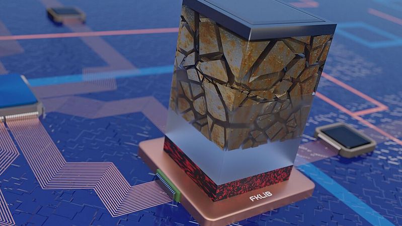 Modellhafte Darstellung einer auf einem Silicium-Wafer integrierten Festkörper-Lithium-Ionen-Batterie als Energieversorger.(Bild:  B.Schröder / HZDR)