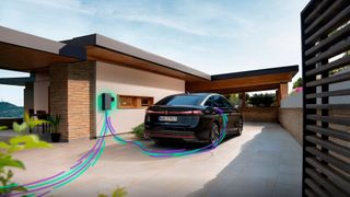 Ein Volkswagen ID.7 am Elli BiDi Charger: Bidirektionales Laden bindet die Fahrzeugbatterie in das Energiesystem ein und kann helfen, Mobilitätskosten zu senken. (Bild: Volkswagen)