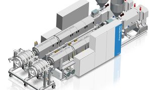 Das Verfahrenskonzept der 36D Doppelschneckenextruder von Krauss-Maffei Berstorff steht laut Hersetller für höchste Leistung in Kombination mit hoher Produktqualität bei der PVC Verarbeitung. Der Fokus liege auf der langen und somit effektiven Vorwärmlänge, die für eine ausgewogene Mischung aus Scher- und Heizenergie sorgen soll. (Krauss-Maffei Berstorff)