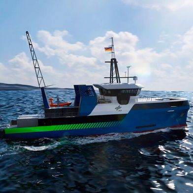 So soll zukünftig die seegängige Technologieplattform aussehen. Sie soll als schwimmendes Labor dabei helfen, klimaverträgliche Antriebe zu erforschen und weiterzuentwickeln.  (Bild: DLR)