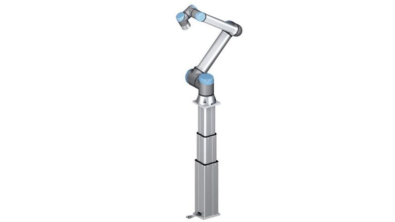 Das Liftkit von Ewellix hebt den kollaborativen Roboter im wahrsten Sinn des Wortes auf ein höheres Level. Die kompakte Teleskopsäule hebt oder senkt die Basis des Cobots um bis zu 900 Millimeter. (Ewellix)