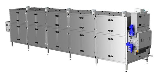 Modular aufgebauter Bandtrockner von Harter zur energieeffizienten Trocknung von Klärschlamm. Die Anlagen können je nach Schlammmenge bzw. Durchsatz flexibel von 1 bis 10 Modulen ausgeführt werden – im Bild eine Anlage mit fünf Modulen.(Bild:  Harter)