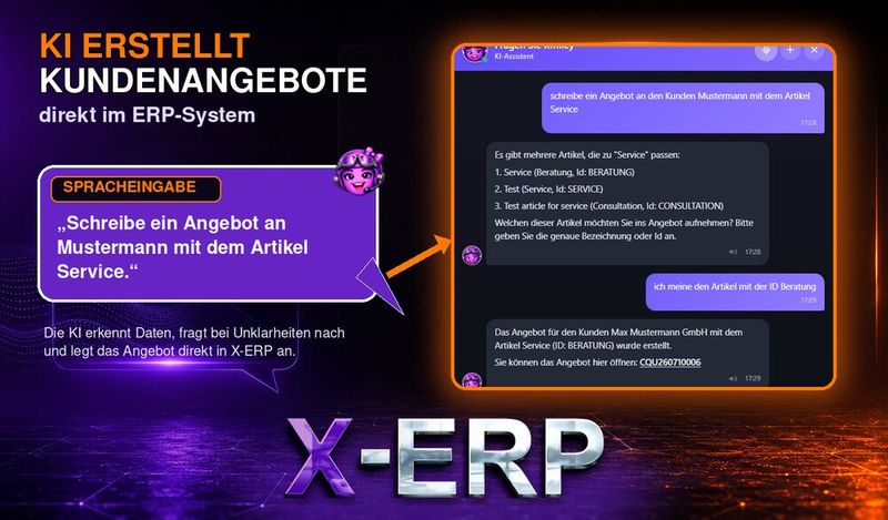 Der KI-Assistent Xmiley erstellt in X‑ERP per Spracheingabe ein Kundenangebot, fragt bei Unklarheiten gezielt nach und legt den fertigen Beleg direkt im ERP-System an.(Bild:  X-DIGI)