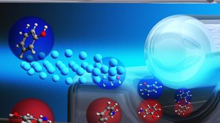 Verschiedene 3-Aminophenol-Konformere in einem Molekülstrahl werden in einem elektrischen Feld räumlich getrennt und zur gezielten Reaktion mit Kalziumionen gebracht, die durch Kühlung mit Laserlicht im Raum lokalisiert werden. (Bild: Uni Basel)