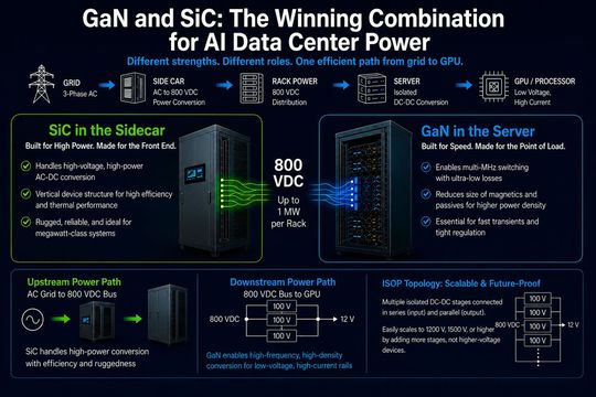 SiC for high-voltage conversion, GaN for high-frequency server power: the emerging grid-to-GPU architecture of the AI factory.(Source:  Maurizio Di Paolo Emilio)