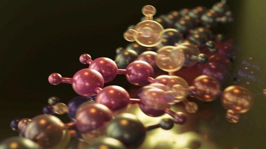 Grafische Darstellung der 3+3-Cycloaddition auf Goldsubstrat im Hochvakuum, die an der Empa im Labor nanotech@surfaces entdeckt wurde. Grafische Darstellung der 3+3-Cycloaddition auf Goldsubstrat im Hochvakuum, die an der Empa im Labor nanotech@surfaces entdeckt wurde.
