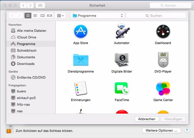 Durch einen Klick auf das „+“-Zeichen fügt man den Firewall-Regeln Anwendungen hinzu. Diese haben die Berechtigung, sich mit dem externen Netzwerk zu verbinden und Daten zu empfangen. (Bild: Thomas Joos)