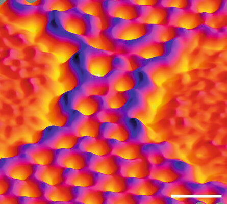 Elektronenmikroskopische Abbildung einer Nanobrücke aus Graphen (Falschfarbendarstellung), rechts und links der Brücke befindet sich jeweils ein Nanoloch. Der Balken misst 0,5 nm. (Bild: Universität Ulm)