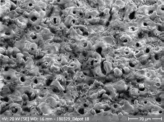 Fig. 1 - Image obtenue par microscopie électronique de l'alliage AZ31 traité par MAO qui présente ici une surface rugueuse et un pourcentage élevé de pores. (HE-Arc)