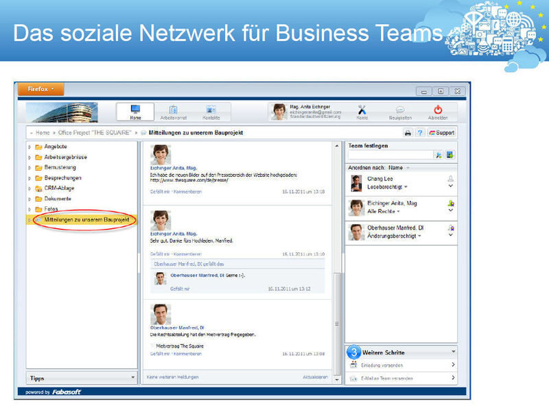 Die österreichische Fabasoft Distribution GmbH nutzt die Cloud unter anderem als Collaboration-Werkzeug, wobei in der Wolke sogenannte Team-Rooms eingerichtet werden, in denen sich die Beteiligten virtuell - und abgesichert - treffen. (Fabasoft) (Archiv: Vogel Business Media)