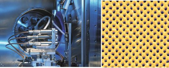 Bild 5: Maske-Wafer-Positionierungssystem (links) und damit hergestellte Nanostrukturen mit 35 Nanometern Lochdurchmesser. Deren Erzeugung mittels EUV-Strahlung klappt exakt und fehlerfrei.(Bild:  Fraunhofer ILT)