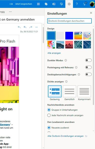 Konfigurieren der Ansicht in Outlook Web App. (Bild: Joos)