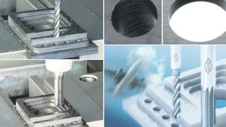 Delaminationsfrei aus dem Vollen herausgearbeitet mit dem Fräser Optimill-Composite-Speed und den Bohrern Mega-Drill-Composite-MD und -UDX, an einem CFK-Block.  Bild: Mapal (Archiv: Vogel Business Media)