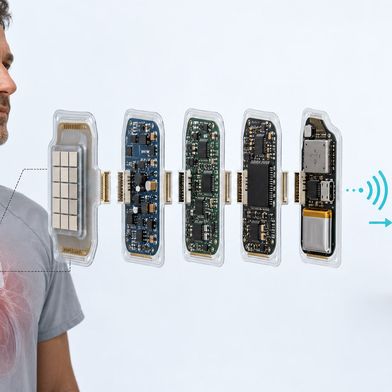 Ein Ultraschall-Wearable verbindet Schallwandler, Elektronik, Signalverarbeitung, Energieversorgung und Funk. Austauschbare Module sollen neue Anwendungen erleichtern. (Bild: KI-generiert, nach Kupsch et al. (2026) / Devicemed)