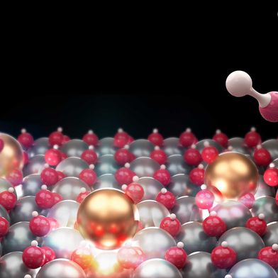 Each of the isolated indium atoms (in gold color) can catalyse the synthesis of methanol (top right). (Image:Constance Ko / ETH Zurich)