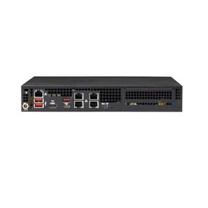 Die Rückseite des kompakten AS-E300-14GR: Neben fünf GbE-Ports, einer davon gehört zum Baseboard Management Controller (BMC), gibt es auch zwei Grafikausgänge, die vom Managementprozessor Aspeed AST2600 bedient werden.(Bild:  Supermicro)