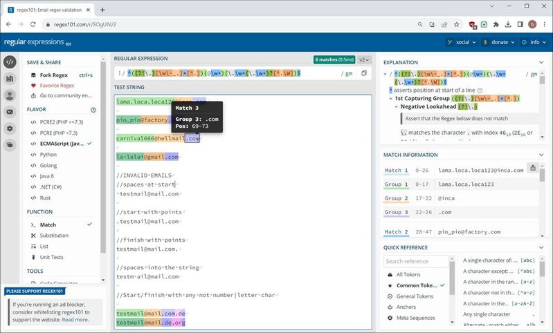 RegEx101-Editor mit E-Mail-Regex.