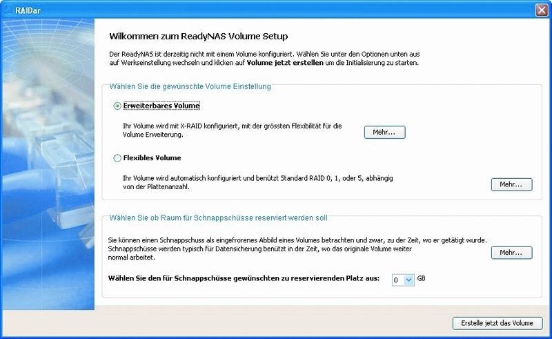 Endgültige Entscheidung: Ob der ReadyNAS RV+ „normales“ RAID anbietet oder das konfigurationsfreie X-RAID, entscheidet sich dauerhaft bei der Erstinstallation. (Archiv: Vogel Business Media)