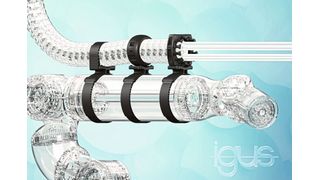 Eine Schelle für alle Roboter: Die Lean Robotics Halter für Energieketten und Schutzschläuche lassen sich mit einem Klettband montieren. (Igus)