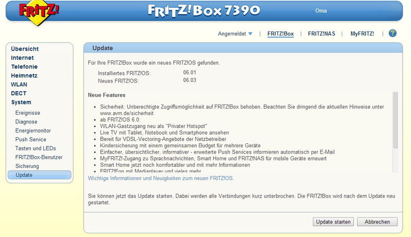 Abbildung 1: Um MyFritz zu nutzen, sollten Anwender in jedem Fall das neuste Update von Fritz!OS installieren. (Bild: AVM)