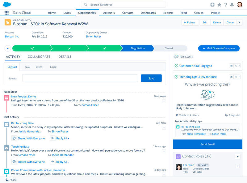 Salesforce Analytics / Einstein Die bisher „Salesforce Analytics Cloud“ genannte BI-Plattform heißt nun einfach „Salesforce Einstein“ und ist in alle anderen Cloud-Plattformen von Salesforce eingebettet. Sie erlaubt Reporting, Dashboard-Anzeige, Realtime-Analyse, Mobile BI (Bild), Predictive Analytics, Was-wäre-wenn-Szenarien und Machine Learning. 
 (Salesforce)