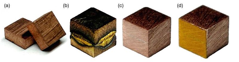 Bild 1: Einzelne Kupfersubstrate (a) sowie mit Lötpaste verbundene Kupfersubstrate in rohem (b), geschliffenem (c) und mit Polymerfolie beschichtetem (d) Zustand.(Bild:  ZFW)