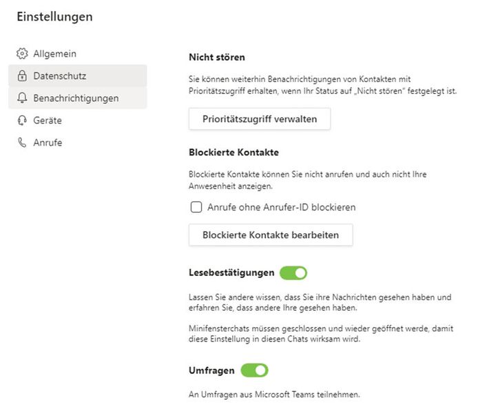 Datenschutzeinstellungen im Teams-Client. (Bild: Microsoft)