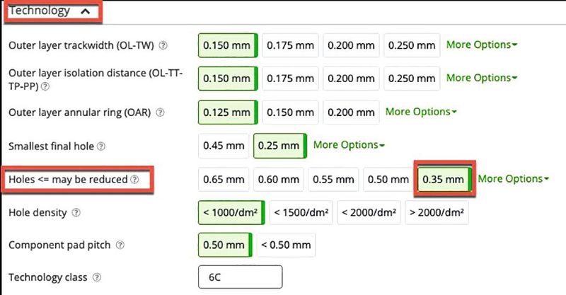 Tabelle 1:  Wenn die THT-Anschlüsse für Bauteile 0,4 mm sind, wählen Sie 0,35 mm für die angegebene Option. Andernfalls kann  es sein, dass sie als Via ohne „negative Toleranz“ erkannt  werden. (Bild: Eurocircuits)