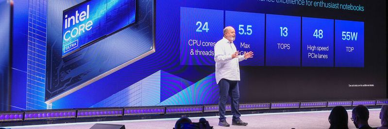 Jim Johnson, Senior Vice President and Interim President of Intel Client Computing Group, on display at CES in Las Vegas with the Core-Ultra-200HX series of gaming and high-performance notebook computers (Image: Intel Corporation)