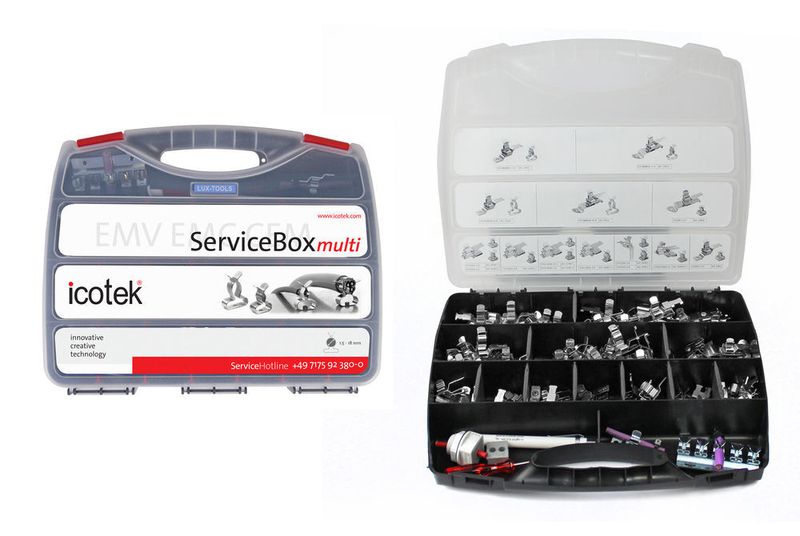 Icotek hat das Angebot der ursprünglichen Servicebox um die neuen Multi-Schirmklammern der Montagearten Hutschiene, Direktmontage, Sammelschiene und Rastmontage auf Blechkante ergänzt. (Icotek)