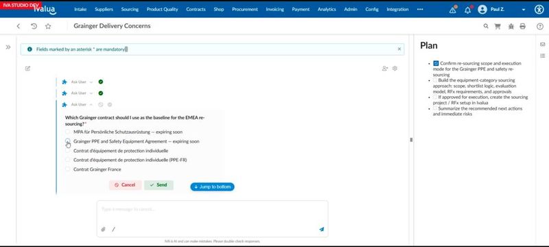 Mit eiener zentralen Steuerungsschicht soll „IVA Studio“ (im Bild Screenshot einer Vorabversion) das KI-System IVA in einen alle Einkaufsprozesse abwickelnden Superagenten verwandeln. (Bild:  Produktdemonstration Ivalua)