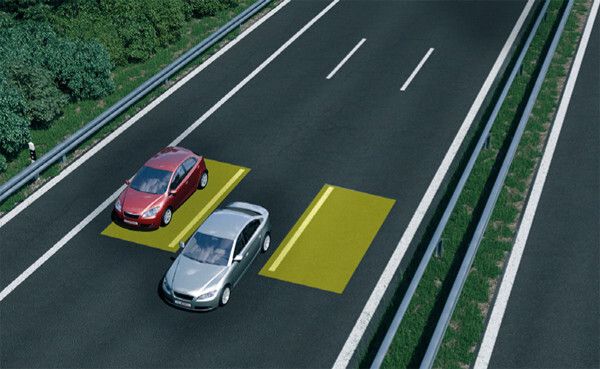 Tote-Winkel-Assistent: Das System schaut beim Fahren zur Seite und nach hinten. Befindet sich ein Fahrzeug im toten Winkel, leuchtet z. B. ein Lämpchen am Außenspiegel auf. (Bosch)