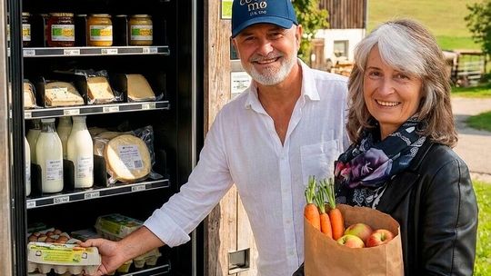 Andreas Schubert, der im Juni 2025 im Alter von 61 Jahren die Plattform Kiosk Scout gründete, zusammen mit einer Kundin an einem Verkaufsautomaten.(Bild:  Kiosk Scout)