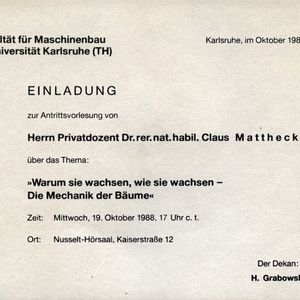 Abb. 1: Einladungskarte Antrittsvorlesung. (Bild:  C. Mattheck)