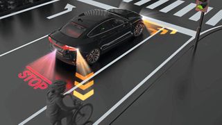 Digitale Lichtprojektion: Für die Projektion von Symbolen und Lichtmarkierungen kommen leistungsstarke LEDs zusammen mit Elektronik umd Software zum Einsatz.  (Bild: Plastic Omnium)