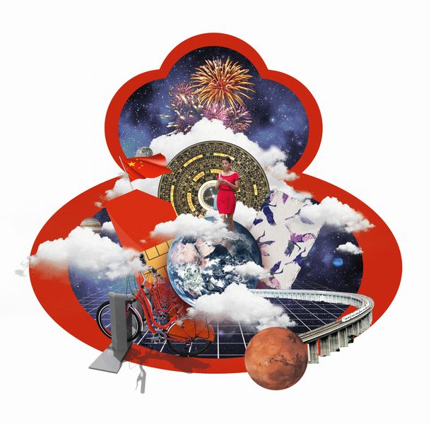 5. Szenario: Der Chinesische Traum  China ist zu einer globalen Supermacht und Ökozivilisation aufgestiegen: führend in künstlicher Intelligenz, Robotik, Biotechnologie, E-Mobilität und Umweltschutz. „Made in China“ ist zum Qualitätsmerkmal geworden. Folgen: Westliche Unternehmen haben einen erstarkten Wettbewerber, können aber auch vom wachsenden chinesischen Markt profitieren; Stärkere Kooperation mit chinesischen Unternehmen und ein Annähern an Sprache und Denkweise werden wichtiger.  Weitere Informationen zu den fünf Szenarien finden Sie auf der Homepage von Evonik. (Illustrationen: Dave Hänggi für Evonik)