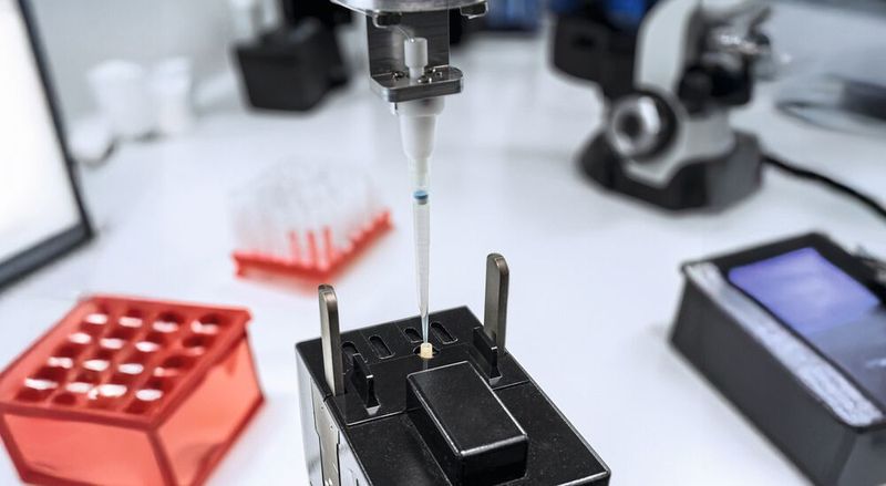 Abb.1: Automatisierte Probenvorbereitung und Probenhandling. Hier: Überführen der Probe in den mikrofluidischen Testchip(Bild:  Fraunhofer IMM)