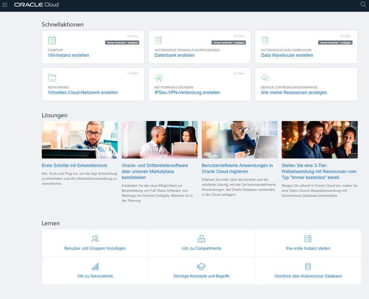 Die Verwaltung der Oracle Cloud Free Tier-Lizenz erfolgt über das Webportal. Hier ist zu sehen, welche Funktionen zur Verfügung stehen und welche kostenlos sind. (Oracle)