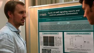 Erstautor Jan Gundlach, Abteilung Allgemeine Mikrobiologie des Instituts für Mikrobiologie und Genetik, präsentiert die Ergebnisse. (Georg-August-Universität Göttingen)