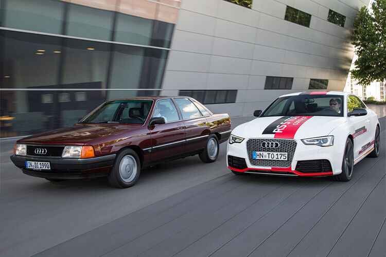 Audi feiert 2014 ein ganz besonderes Jubiläum – 25 Jahre TDI: Links der Audi 100, Baujahr 1989, mit einem 2,5 TDI an Bord; rechts der RS 5 TDI concept. (Foto: Audi/Daniel Wollstein)