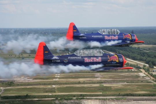 Neu in diesem Jahr ist die Formation von Vater und Sohn Eichhorn mit ihren T-6-Propeller-Klassikern auf der Airshow. (Foto: Messe Friedrichshafen)