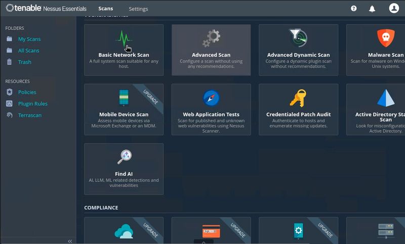 Nessus zeigt erneut die Auswahl der Scan-Typen für unterschiedliche Analyseziele. (Bild: Joos)